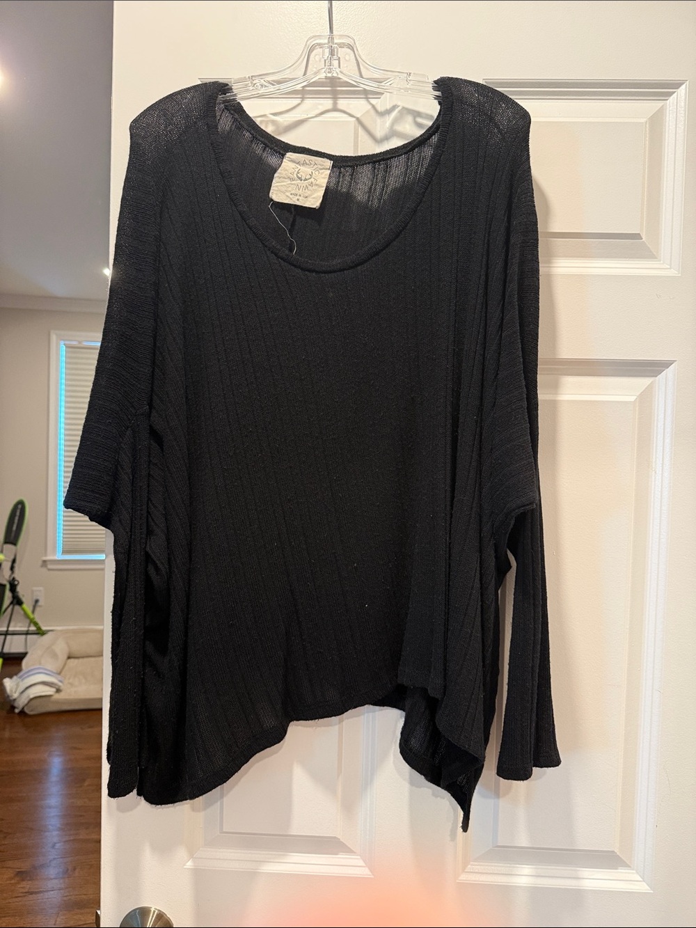 Lightweight Black Women's Ribbed Long Sleeve Top-Oversized